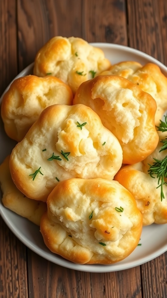 Italian Cloud Bread Recipe Fluffy Italian cloud bread on a plate, garnished with herbs, on a rustic wooden table.